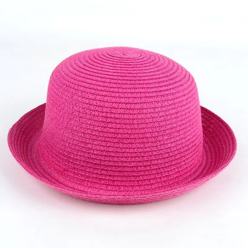LUCKYLIANJI лето осень пляжная детская складная соломенная шляпа Боулер Дерби Клош шляпа от солнца(один размер: 54 см - Цвет: Rose