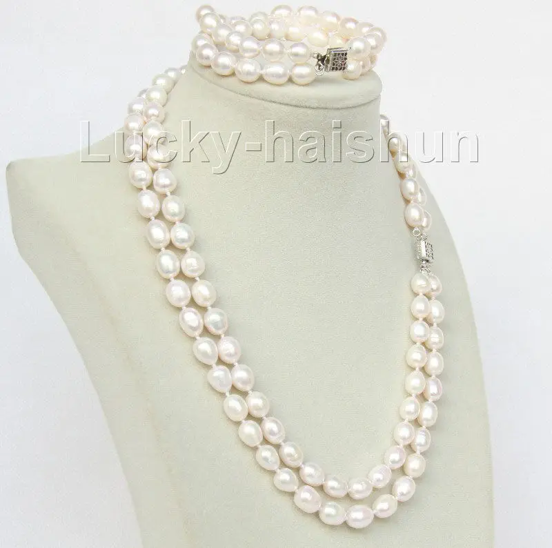 

*******18" 8" 2row 11mm rice white pearls necklace bracelet set 18KGP clasp j9979