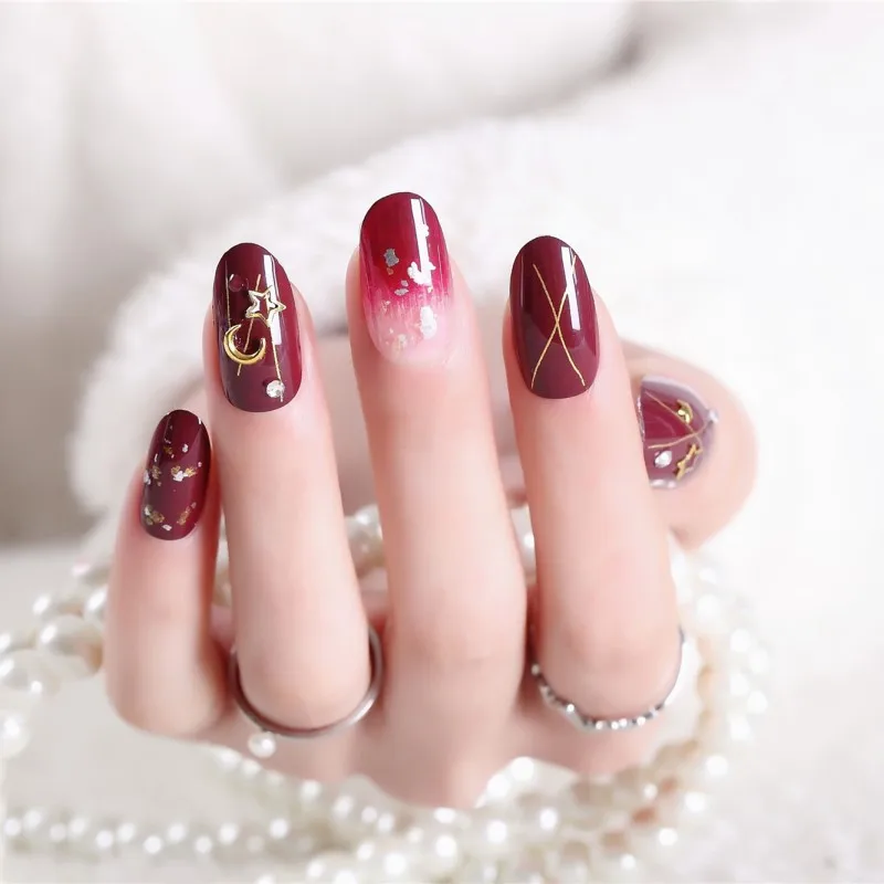 

24Pcs/set Fashion Star Moon Design Fake Full Finger Nails Acrylic False Nail Tips with Glue Sticker for Lady Home&Office