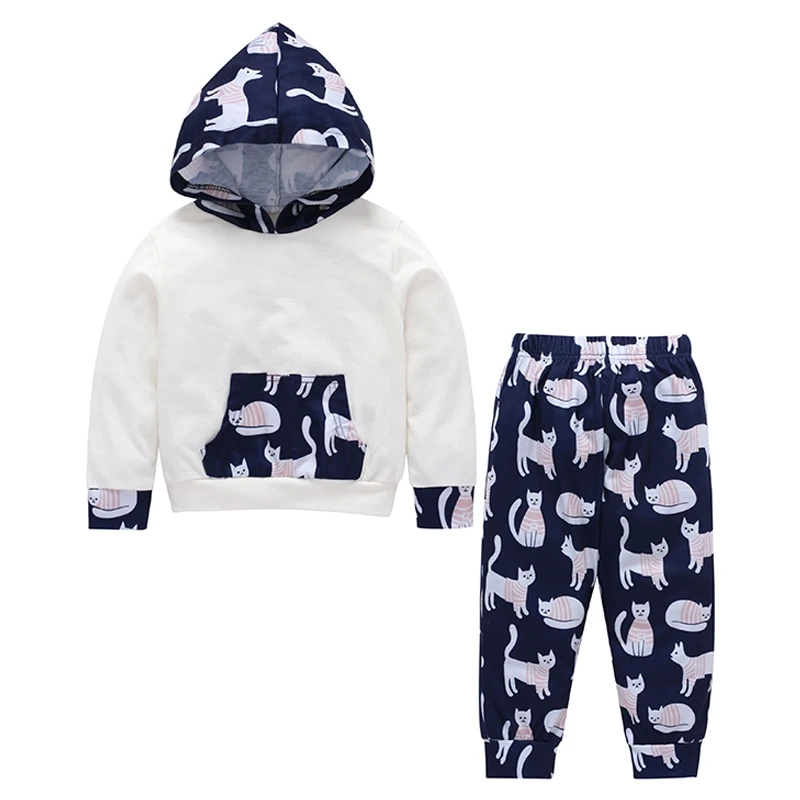

Antumn Winter Baby Kids Boys Girls Clothes Sets 2Pcs Hooded Sweatshirts Long Pants Cartoon Print Cute Cat Pullover Cotton Chil