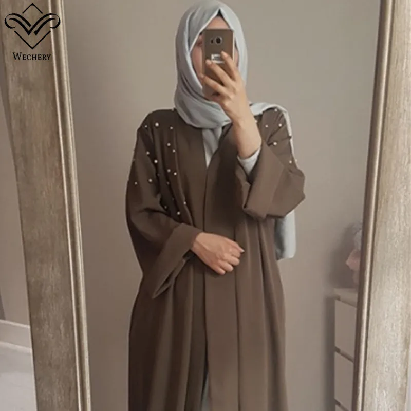 Wechery jilbaba Ислам Абая для женщин украшенное жемчугом Длинные платья Свободные повседневные abaya Дубай Ближний Восток одежда - Цвет: khaki