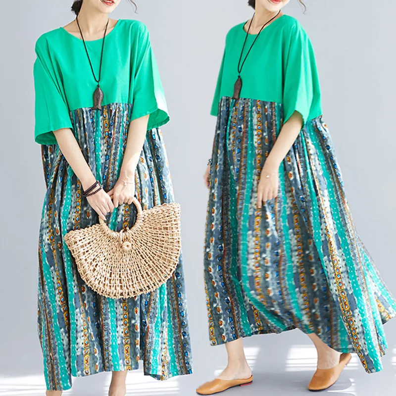 

BIG SIZE 4XL Summer Women Fashion Elegant Striped Spliced Tops Ladies Female Plus Large Swing Long Novelty Casual Robe Dress