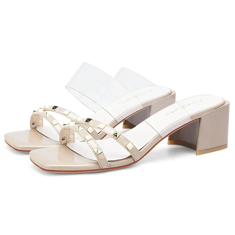 

2019 Summer Rivet Black Grey Women Sandals 4cm Block High Heels Mules Femme Shoes 11813ABX2261