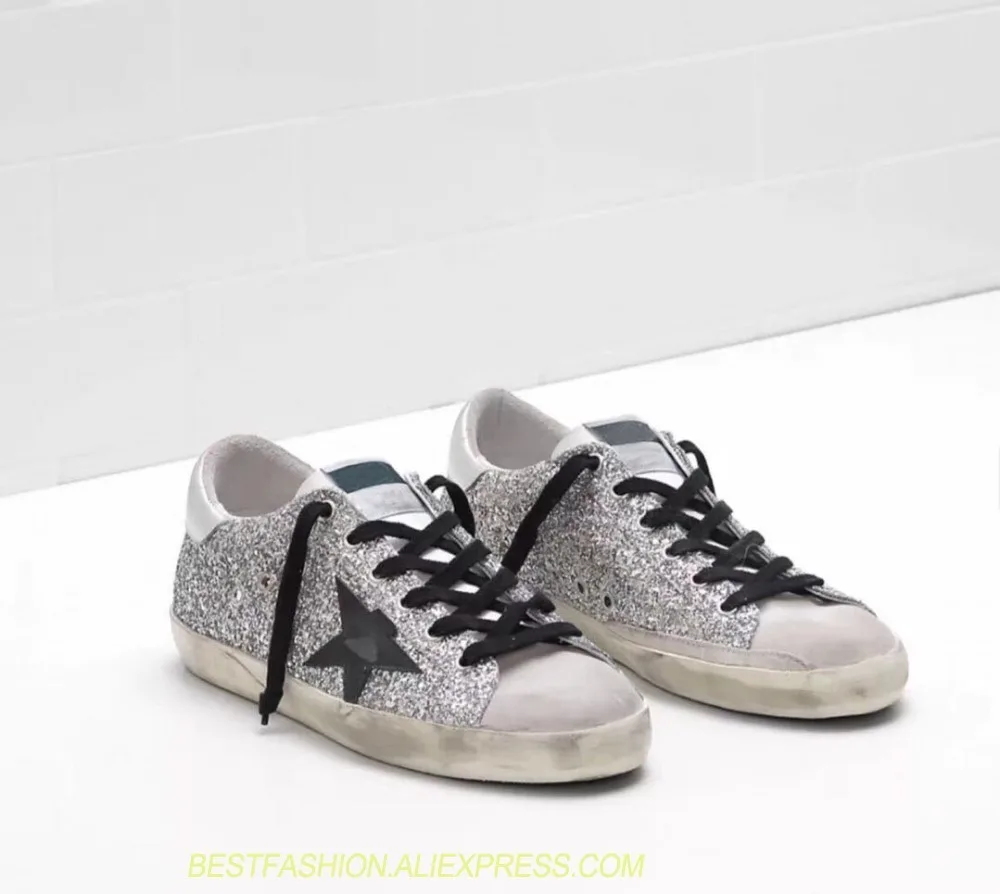 

Rhinestones Glitter Woman Star Sneakers Casual Shoe Round Toe Worn Out Distressed Leather Lace Up Old Dirty Shoes Women Shoes