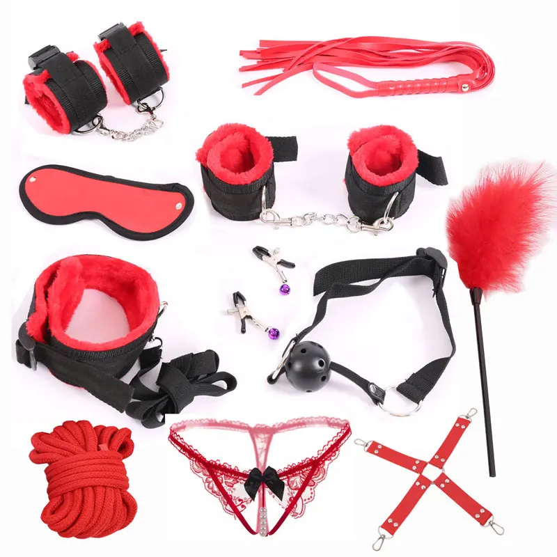 Черный нейлон красный плюшевый женское белье Эротические Секс-игрушки для взрослых секс-наручники зажимы кнут рот кляп секс-маска БДСМ