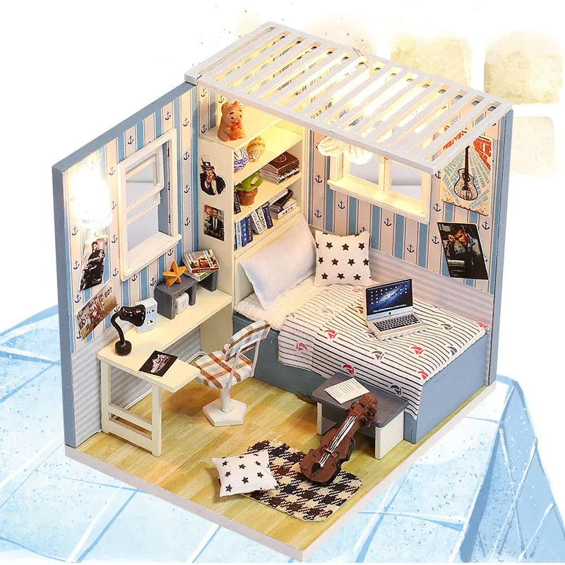 IiE создать дом игрушка Миниатюрный Кукольный дом синяя спальня деревянный дом с милой мебели наборы лучший подарок на день рождения для мальчика игрушка