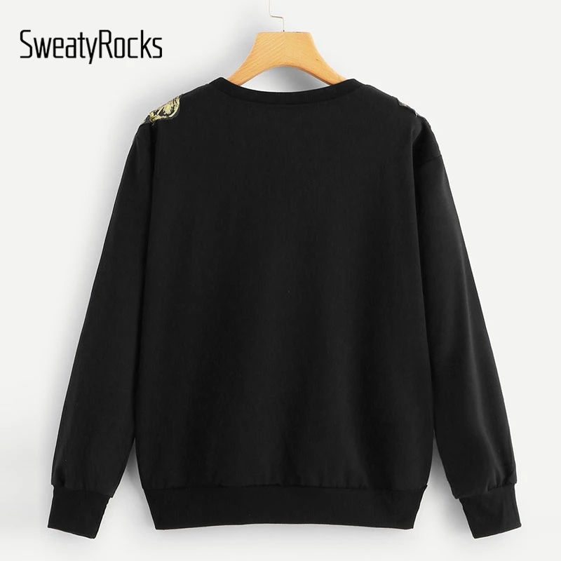  SweatyRocks Black Contrast Sequin Wing Pattern Long Sleeve O-Neck Pullover Sweatshirts 2018 Streetw