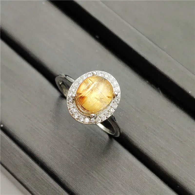 

Adjustable Ring Natural Gold Rutilated Quartz AAAAA Crystal 925 Sterling Silver 8x8mm Woman Man Party Gift AAAAA Rings Jewelry