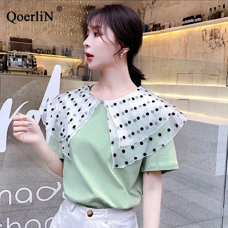 QoerliN S-2XL шифоновая блузка женская рубашка в горошек с воротником Женская Большие
