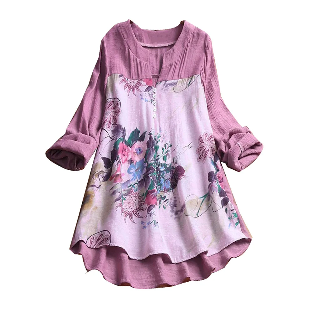 

Long Sleeves Blouse Dress Loose Elegance Patch Casual Cotton
