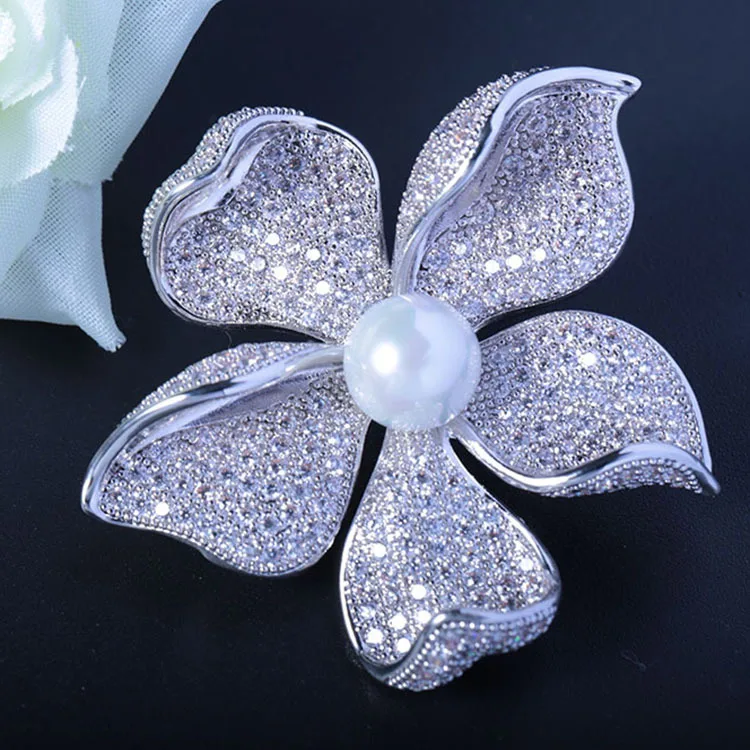 

SWOUR New Bridal Jewelry S925 Sterling Silver Flower Pearl Design Micro Cubic Zircon CZ Brooch High Quality S033