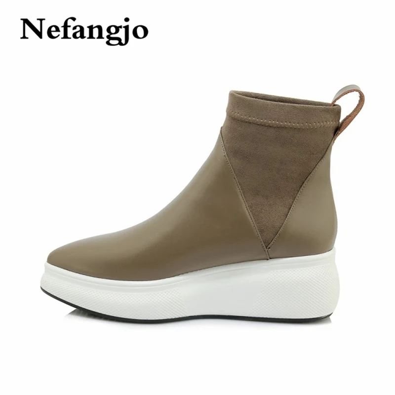 

Nefangjo 2018 Casual Leather Pointed Thick-soled Boots Fashion Thick-heeled Sports Style Elastic Women Shoes Ankle boots