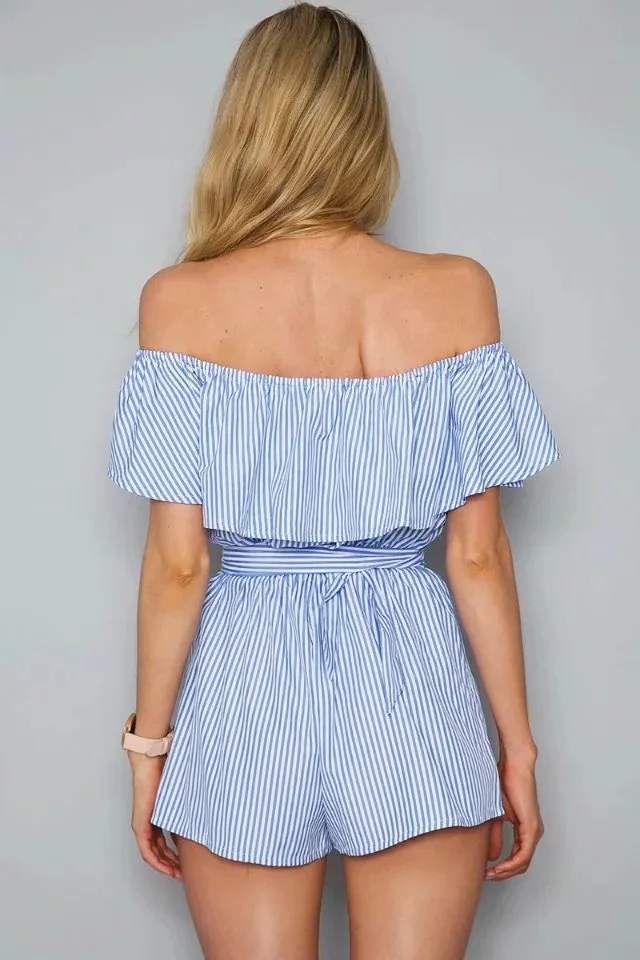 Элегантные летние Off Shoulder Ruffle Высокая талия комбинезон Ползунки сексуальный комбинезон с бантом женские пляжные комбинезоны