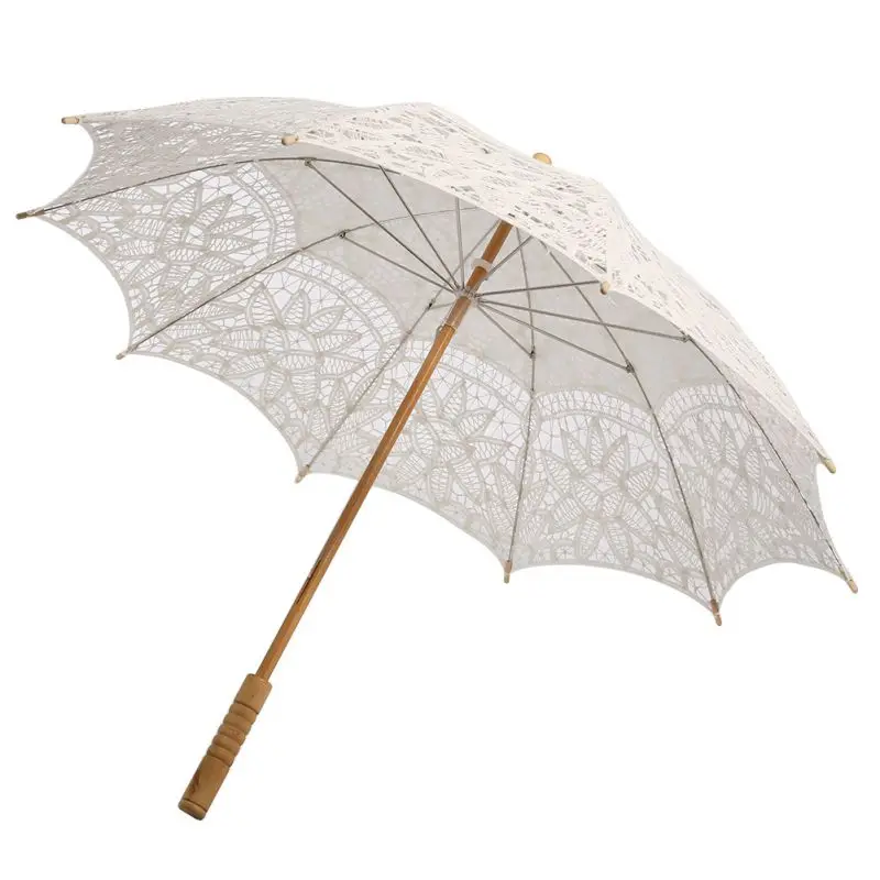 

New Arrival Europe Style Ivory Battenburg Lace Umbrellas Pure Cotton Embroidery White Umbrellas For Weddings