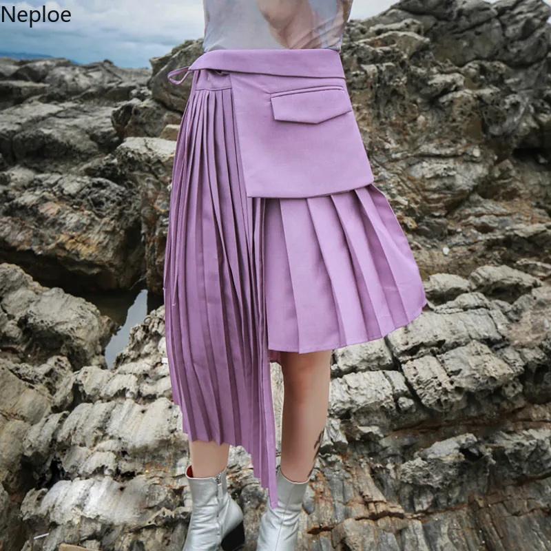 

Neploe Irregular Women Skirts Summer 2019 Solid Patchwork Bottoms New Fashion Drawstring Pleated Skirt 43507