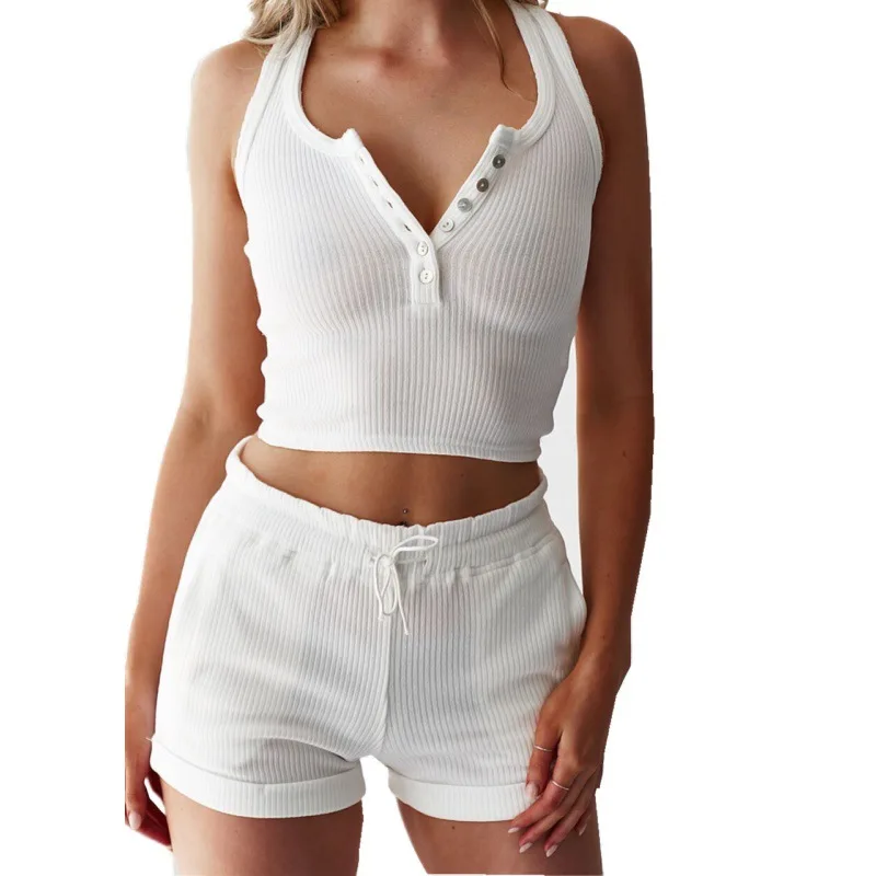 

2 Piece Set Women Button Vest Top And Drawstring Shorts 2019 Summer Female Solid Color White knitting Tracksuits Two-Piece Set