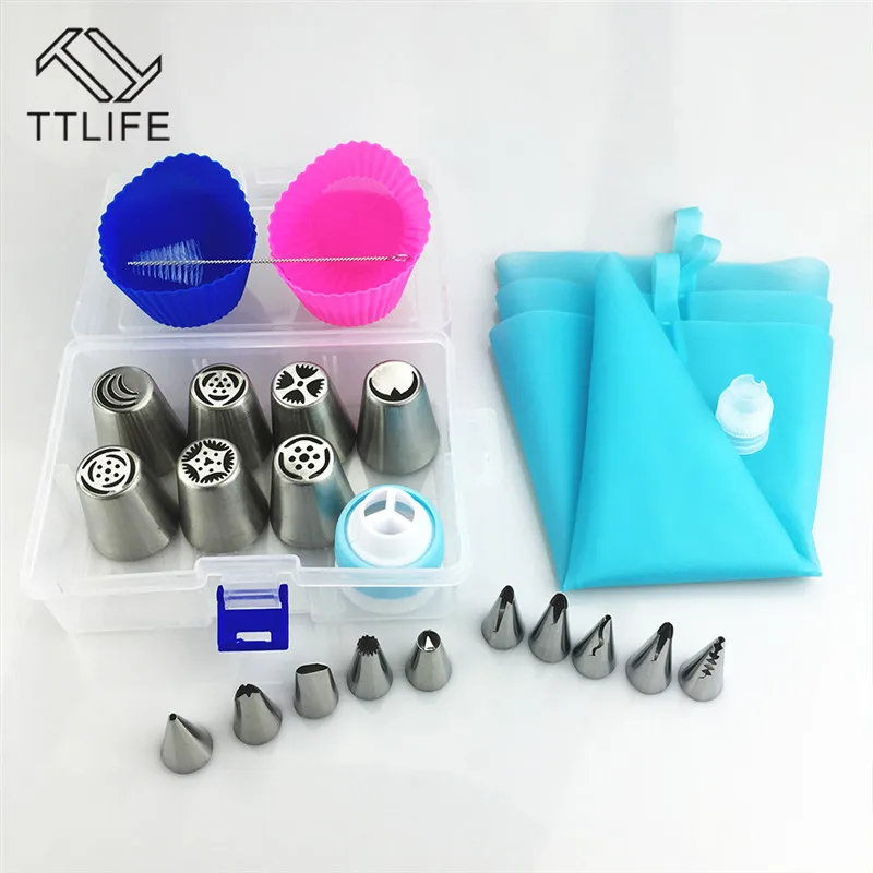

TTLIFE 27Pcs/Set Cream Cake Nozzle Set DIY Stainless Steel Cake Mould Decorating Tools Pastry Bag Baking Tools With Box