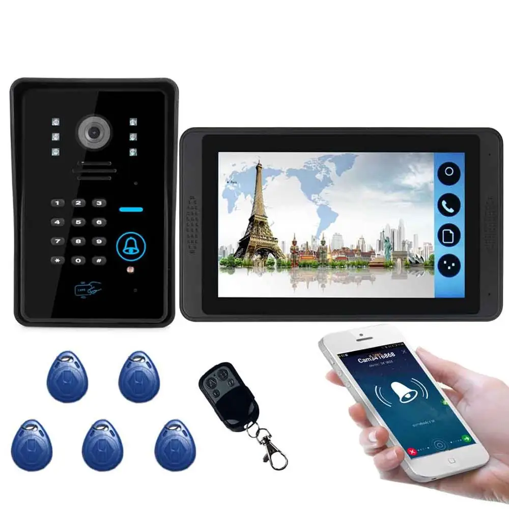 Приложение управление видеодомофон 7 дюймов Wifi беспроводной видео дверной звонок Домофон RFID пароль камера система+ замок открывания двери - Цвет: 618MJIDS11