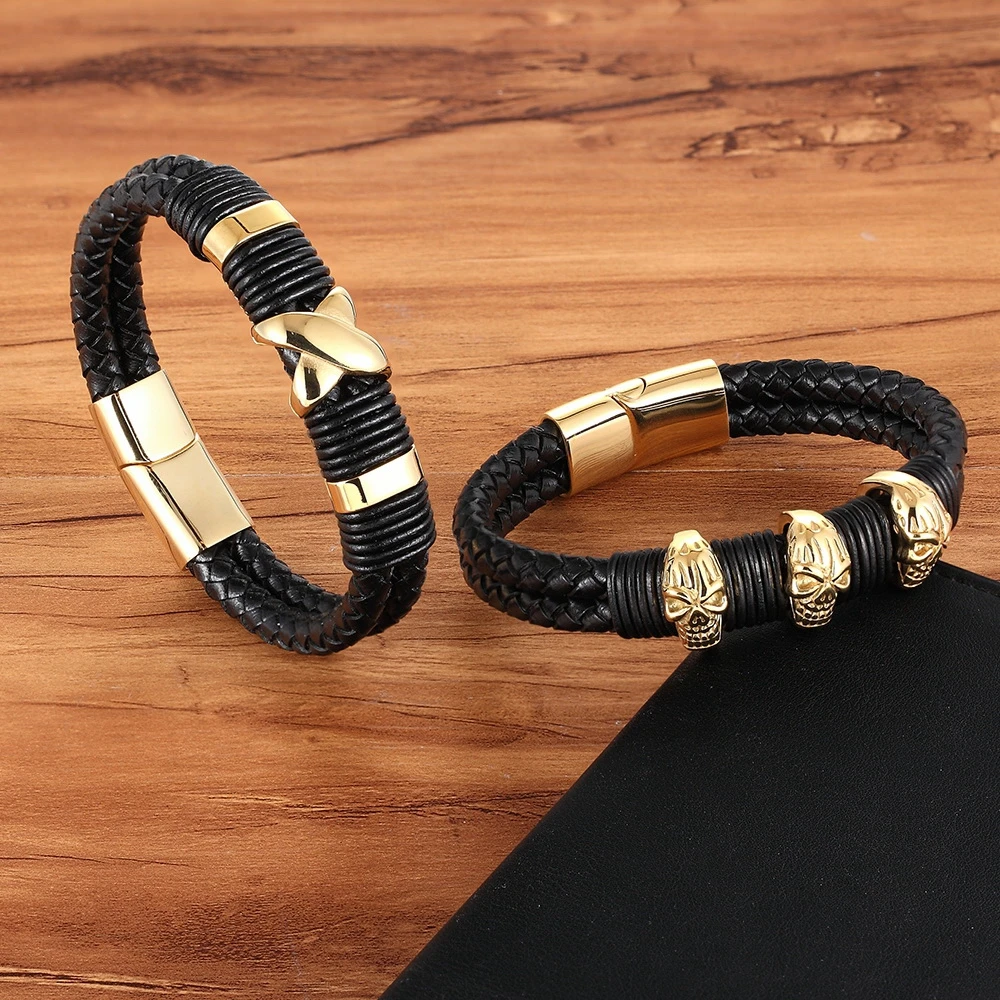 XQNI 2018 New Fashion Luxury Accessories Bangle Men Genuine Leather Bracelet Gold with Geometric/Skeleton Design Jewelry Present