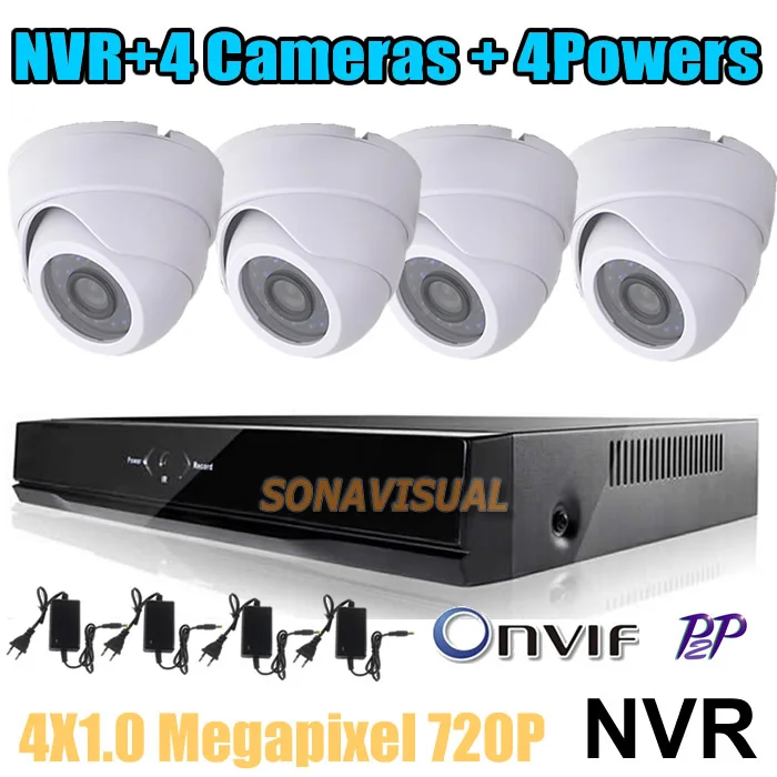 4CH Security System 4Pcs 720P Dome Indoor IR 1.0MP IP Camera Videcam P2P Onvif Night Vsion + HDMI NVR Recorder H.264 CCTV Kit