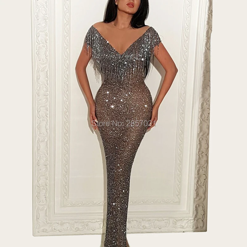 African Sparkle Shiny Mermaid Evening Dresses Muslim Arabic Party Gowns