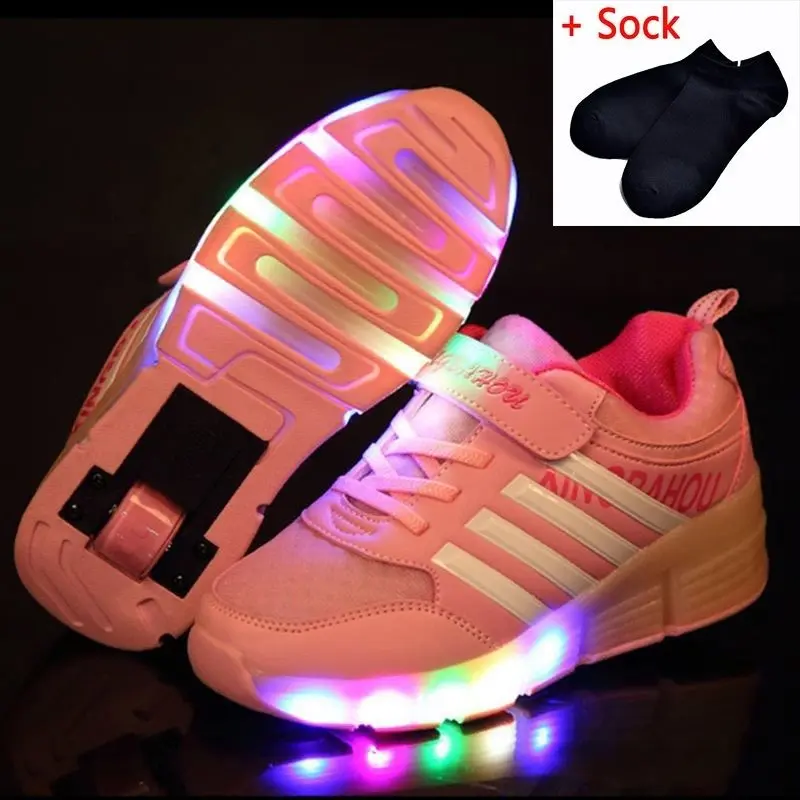 Светящиеся кроссовки; повседневная детская обувь на роликах; детская обувь с подсветкой; Светящиеся кроссовки с колесиками для девочек и мальчиков - Цвет: Розовый