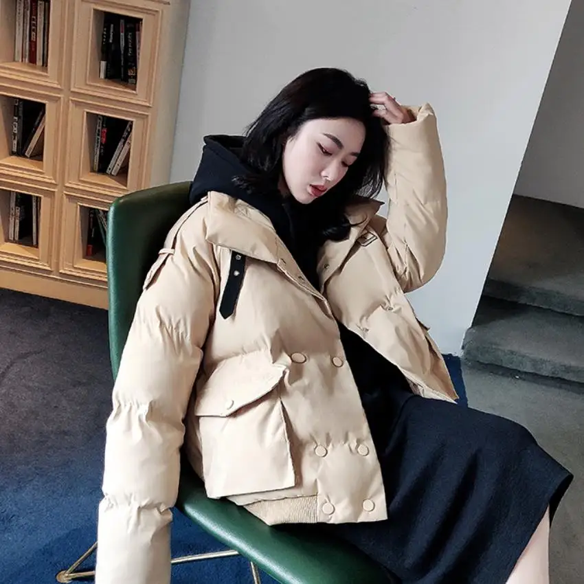 

Winter thick warm Down cotton coats female Korean fashion ins college style double breasted was thin bread fluffy coat wq2418