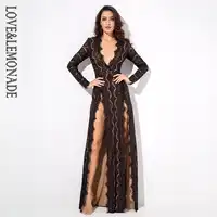 Love&Lemonade Black Deep V Collar Cut Out Lace Long Sleeve Maxi Dress LM1086 Autumn/Winter