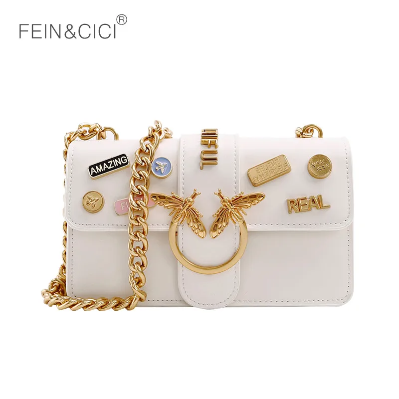 

Bird chains bag rivet flap bag bees messenger bag white women 2019 spring summer luxury brand lady pu leather clutch handbag