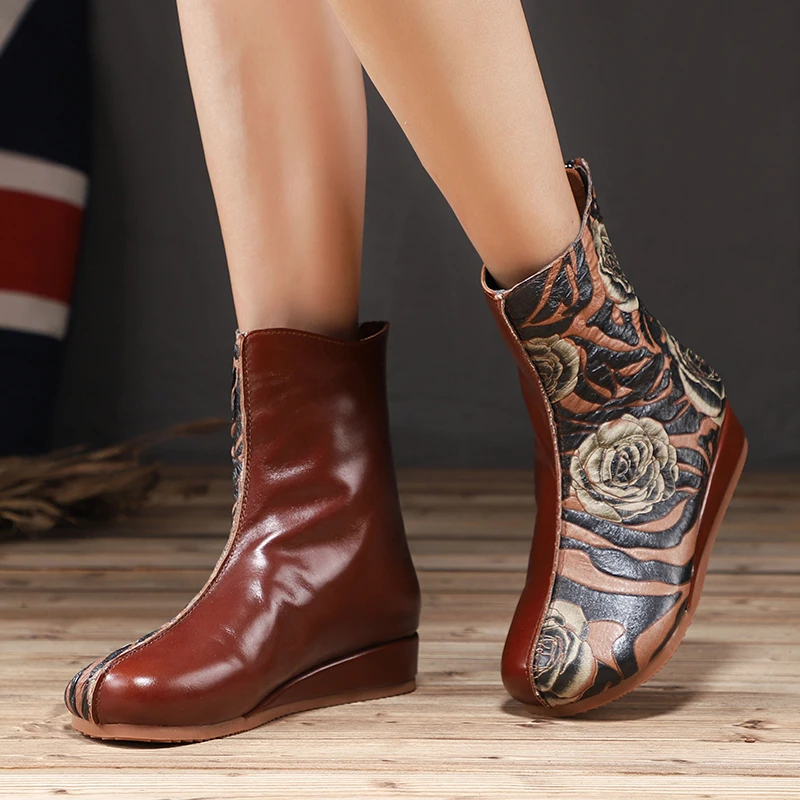 

VALLU Luxury Brand Rose Floral Booties Women New Embossed Lady Short Boots Natural Leather Quality Double Side Female Wedge Shoe