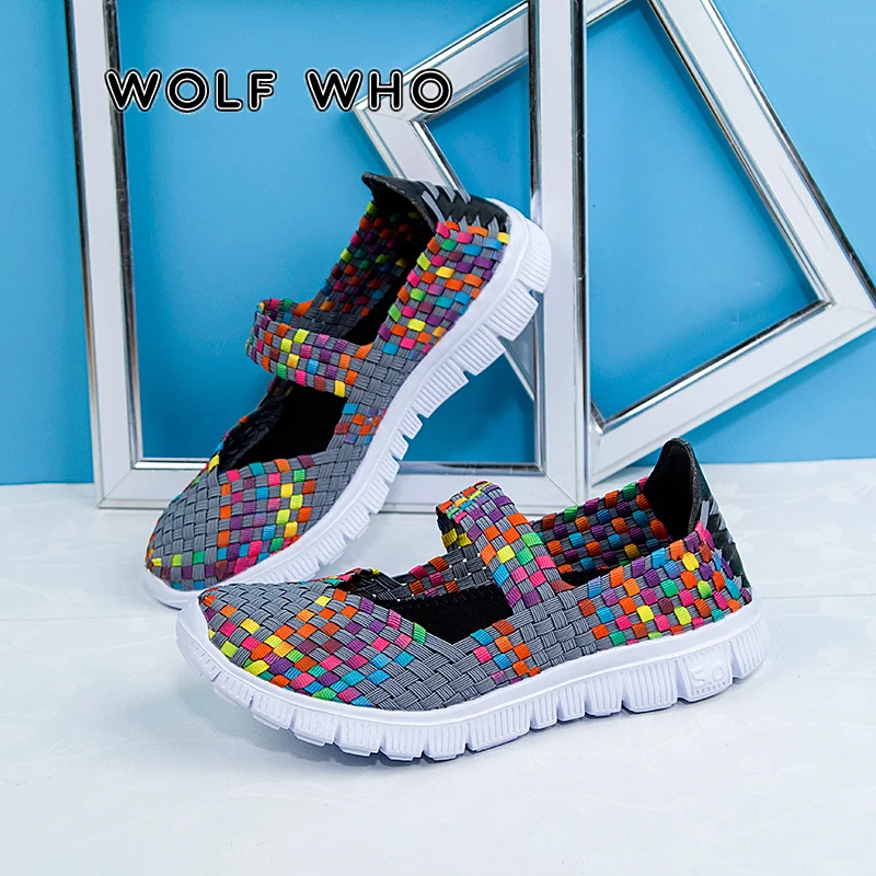 

WOLF WHO Women Shoes New Flats Loafers Female Casual Woven Shoe Brethable Sneakers Slip On Colorful Shoe Mujer Plus Size N-014