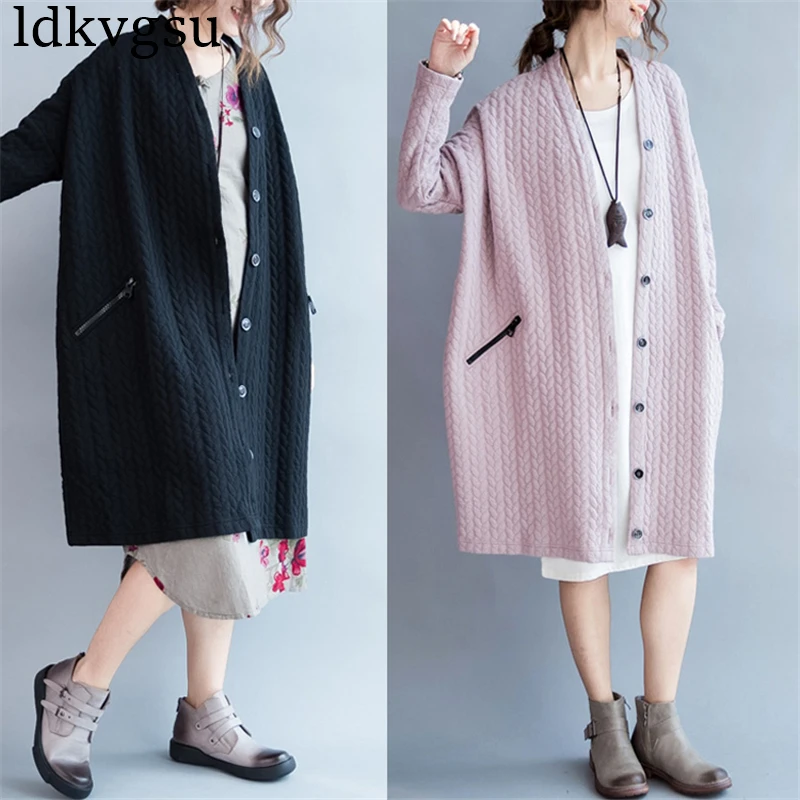 

2019 Plus Size Women's Spring Autumn Coats Korean Literary artistic Long Trench Coat Vintage Cotton Linen Cardigan Outwear A465