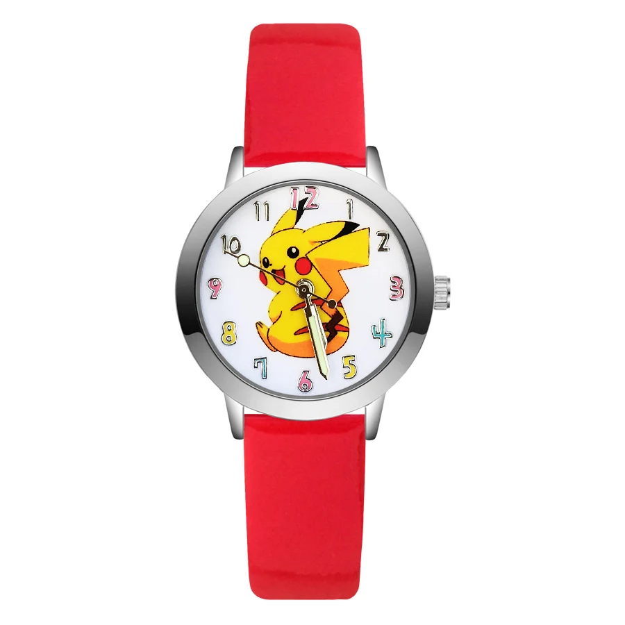 Модные милые детские часы в стиле Пикачу, кварцевые наручные часы с кожаным ремешком для девочек, JA88