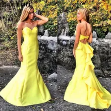 JaneVini Simple Long Yellow Prom Dresses Sweetheart Satin Mermaid Ruffles Backless African Sexy Formal Party Gowns Sweep Train