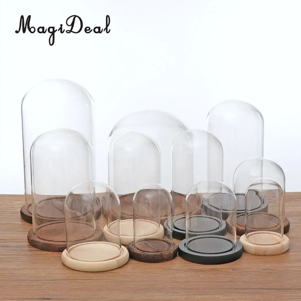 MagiDeal Glass Dome Cloche with Wooden Base Flower Landscape Holder Glass Cover Black G
