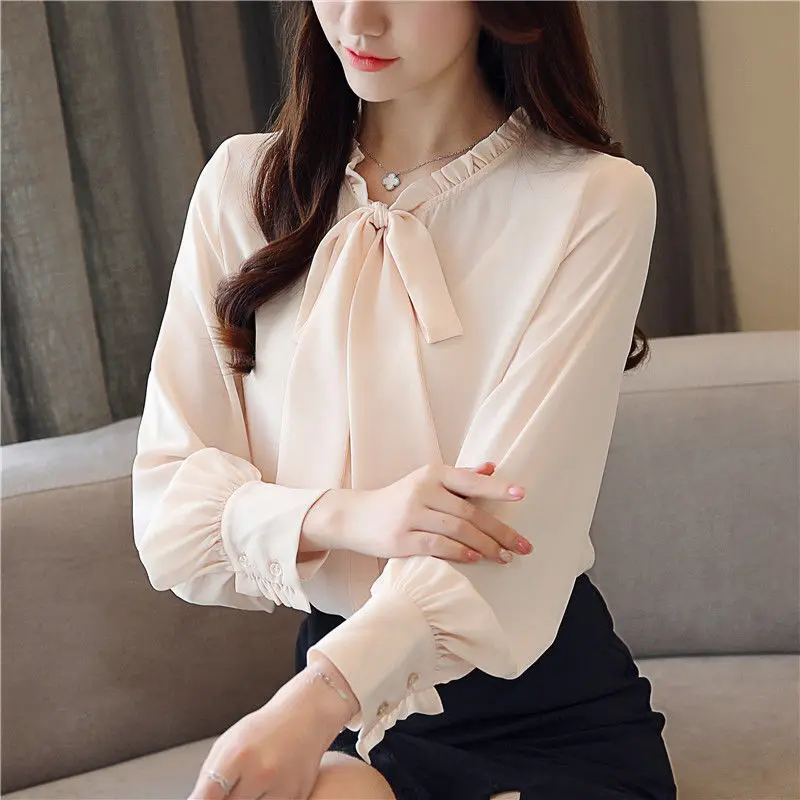 JLZXSY Women Ruffle Bow Tie Solid Sheer Chiffon Blouse Long Sleeve ...