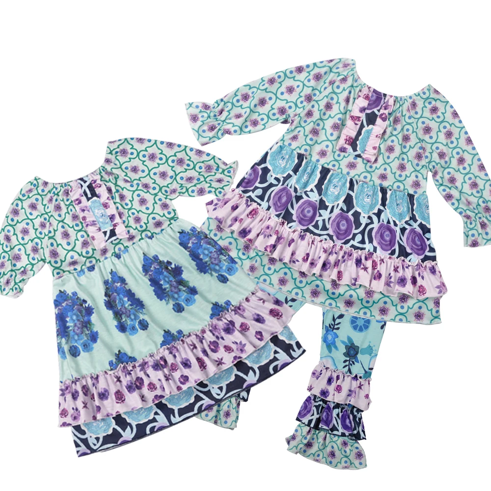 

Summer Girls Clothes Floral Kids Top Suits Purple Dress Triple Ruffle Pants 2 PCS Boutique Baby Girls Clothing Sets Match Dress