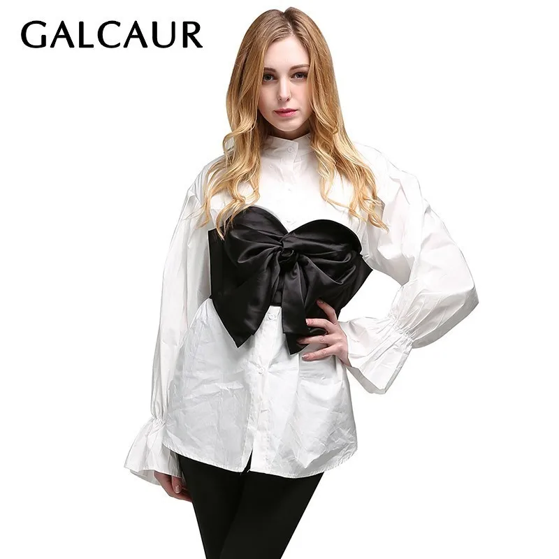 

GALCAUR Bowknot Patchwork Hit Colors Shirt For Women Stand Collar Flare Sleeve Blouse Tops Female Korean Fashion 2019 Clothes