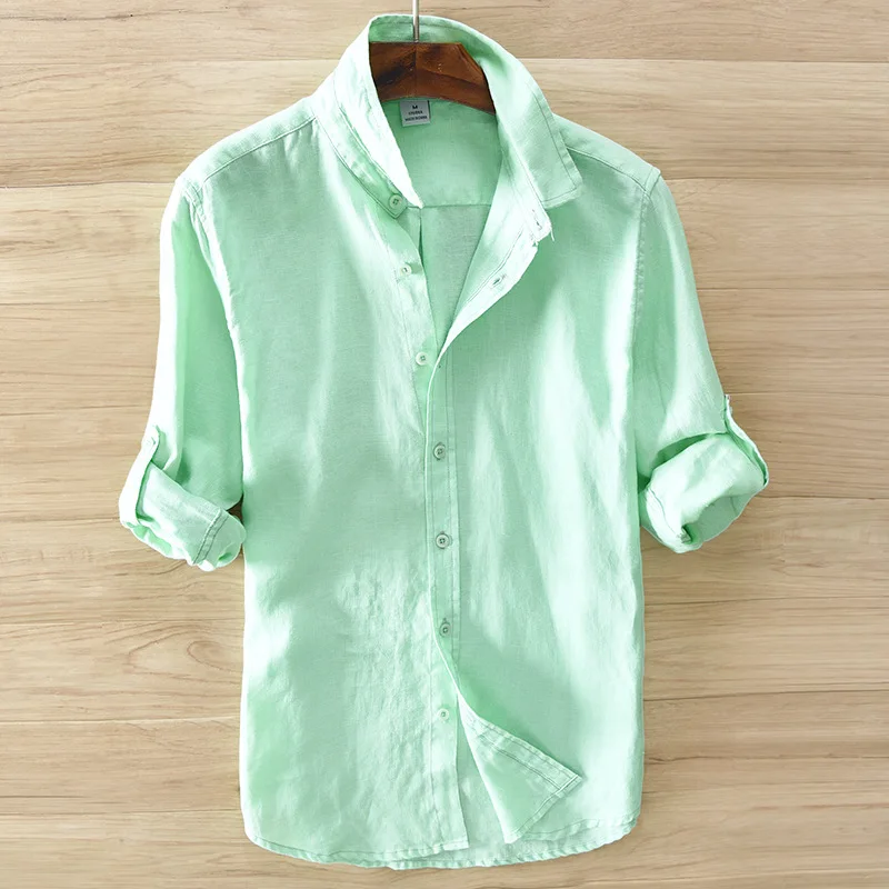 

Helisopus Fashoin Men's Linen Shirts Vintage Long Sleeve Casual Male Shirts Solid Color Turn-down Collar Tops Chemise Homme