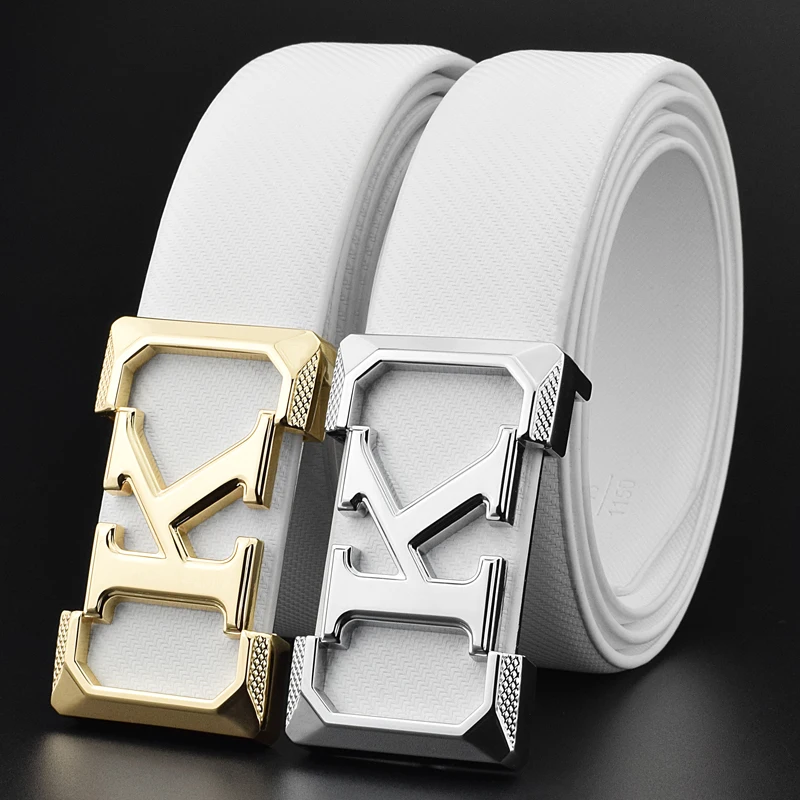 K letter Casual belt for men White fashion designer belts boy leisure Cowskin Waist Strap genuine leather metal buckle Waistband images - 6