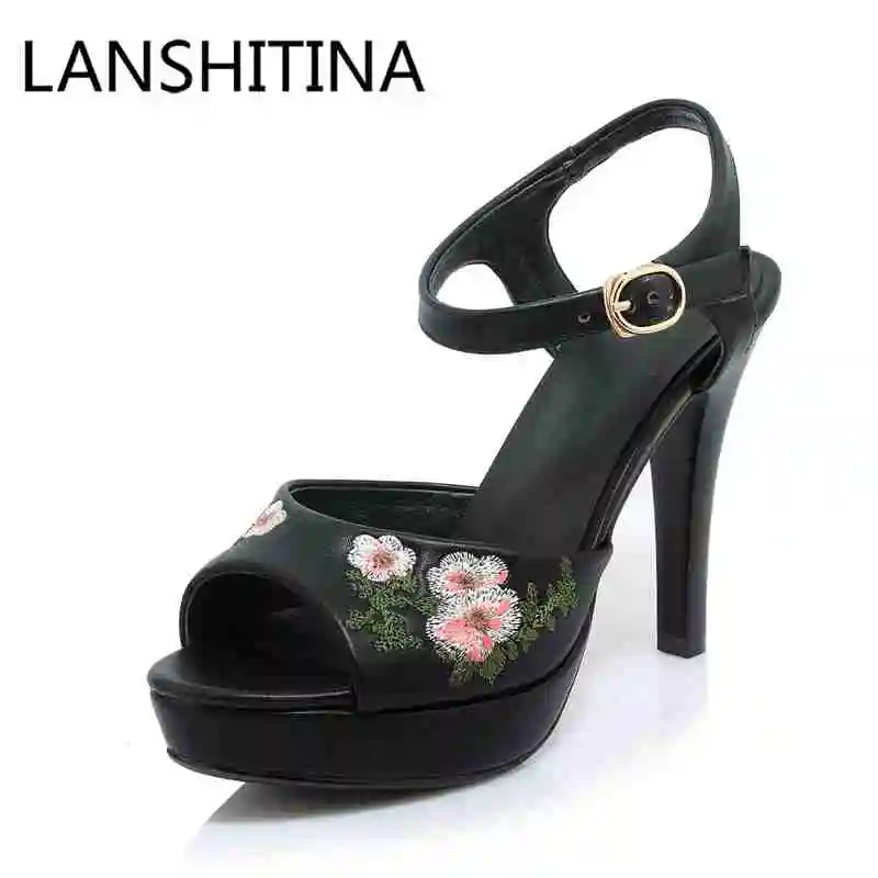 

Nubuck leather women sandal floral embroidery women shoes peep toe super high heels womens platform sandals pump shoes big size