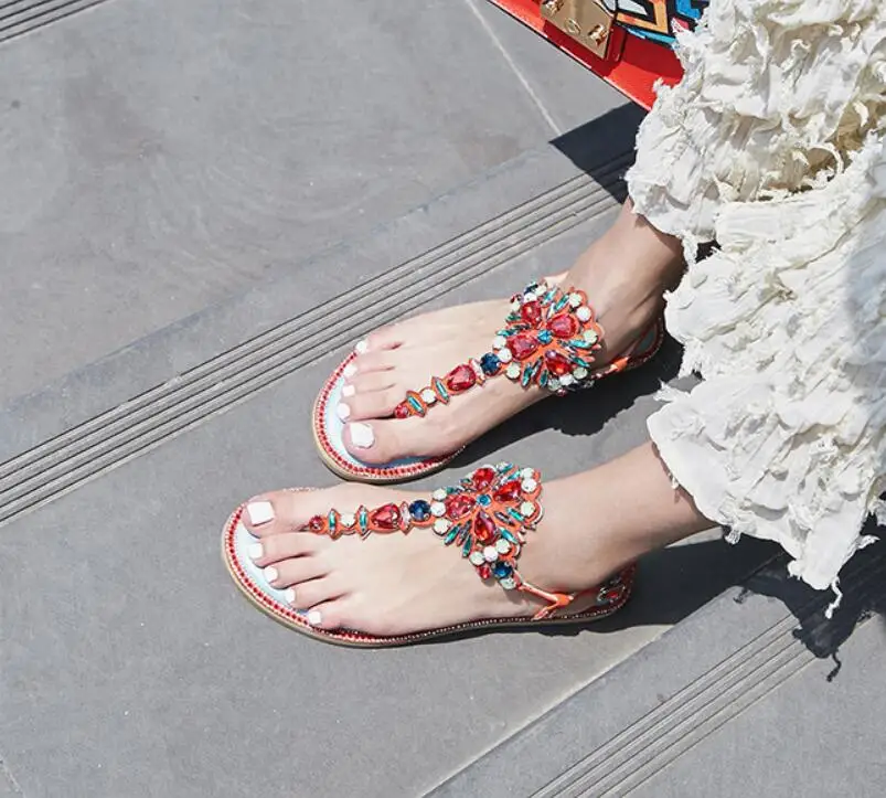 

Women Flat Sandals Red Flip-Flops Wedding Sandals with Colorful Rhinestones Beach Shoes Ankle Strap Sandals For Girls