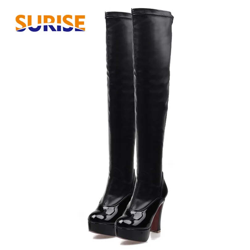 

Big Size 43 Women Thigh High Boots Round Toe PU Patent Leather 11cm Square Chunky High Heel Long Zipper Over Knee Platform Boots