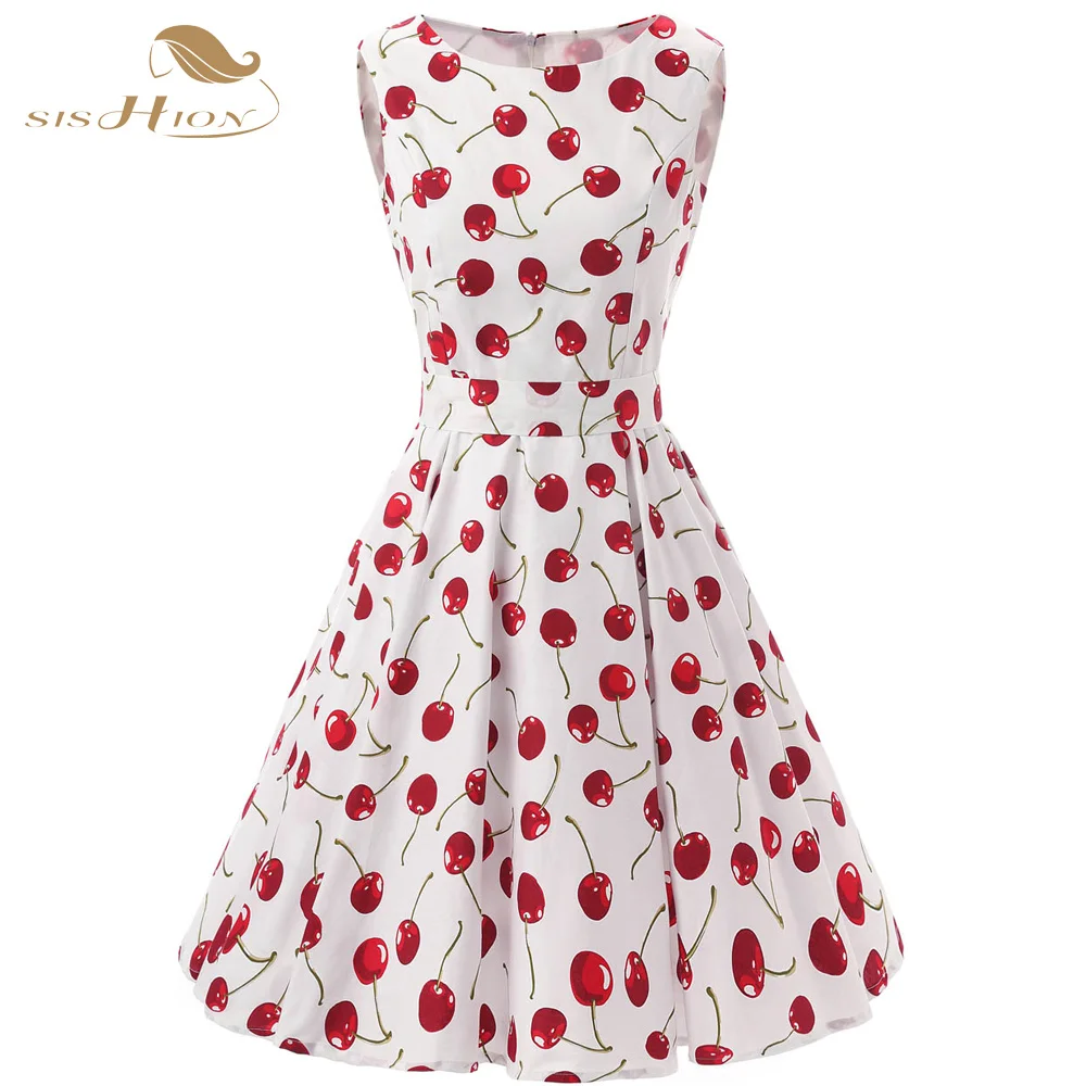 

SISHION Women Party Dress 2018 Ladies Sleeveless Rockabilly Big Swing Cherry Vintage Hepburn White Cotton Casual Dress VD0136