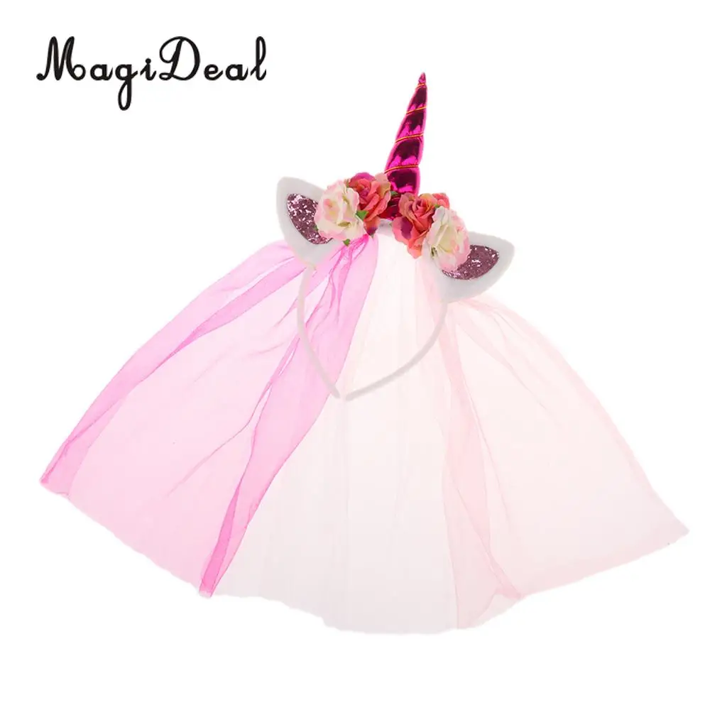 MagiDeal Unicorn Rose Flower Veil Headband Costume Cosplay Party Fancy Dress for Birthday Baby Shower Christmas Halloween Decor