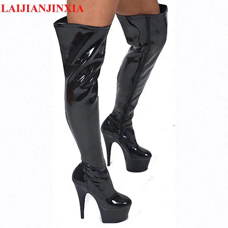 

LAIJIANJINXIA black 15cm high heel boots for women zipper motorcycle boots Hand Made High Heel Shoes tall sexy pole dancing boot