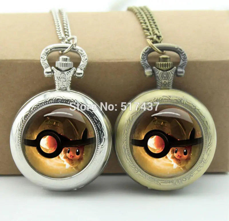 

Pokemon Watch Necklace Glass Cabochon Locket Necklace Vintage Bronze Pocket Watch Necklace