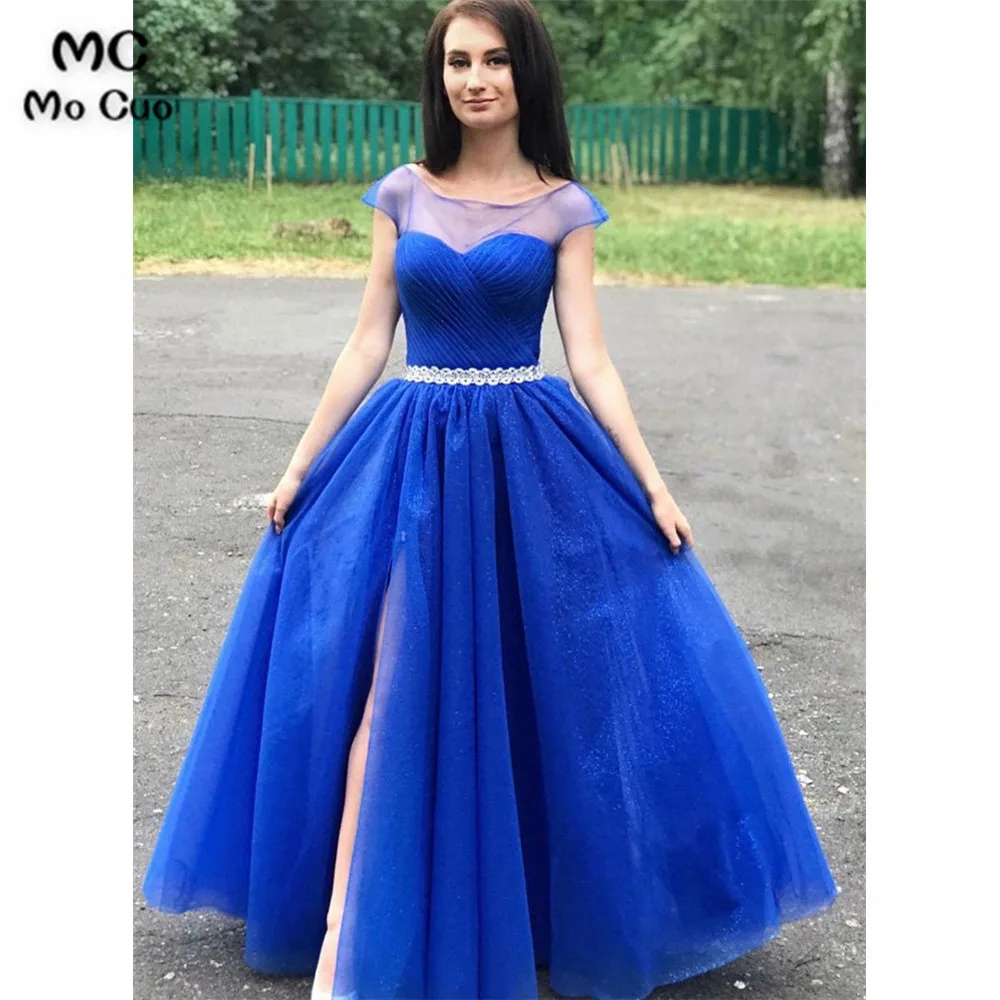 Blue round neck tulle long prom dress, evening dress (2)