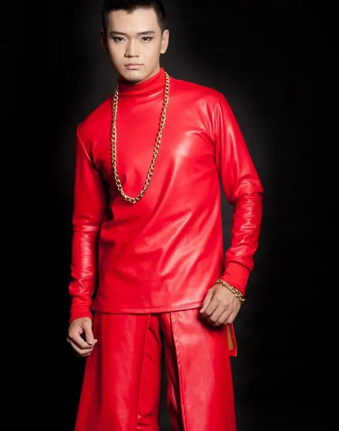 Красный персонализированные человек куртка из искусственной кожи певица этап Мужчины Пальто рок Модные PU одежда мужские куртки и пальто Настраиваемые - Цвет: Красный