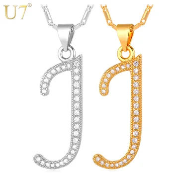 

U7 New Fashion Alphabet Initial J Letter Pendant Charm Gold Color Zirconia Crystal Necklace Women P703